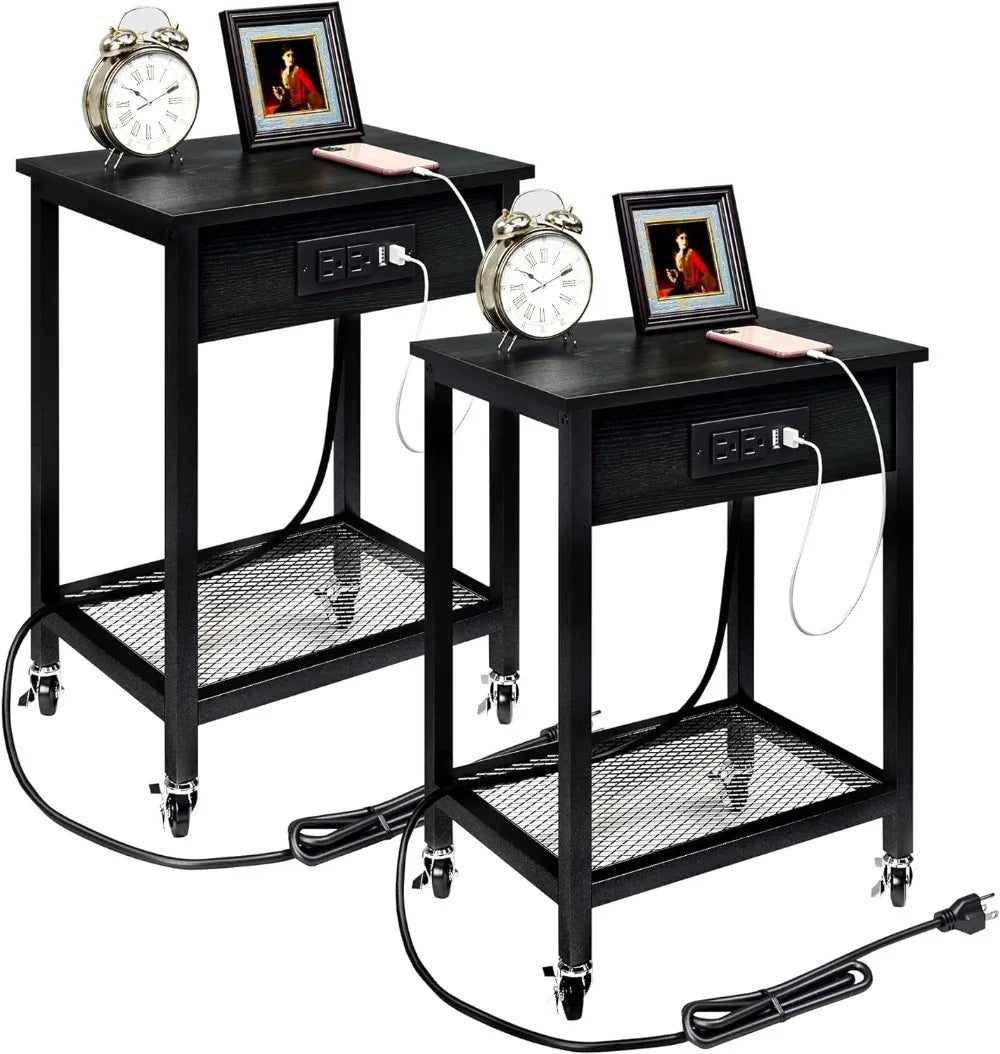 Side Table with Wheels & Storage Shelf