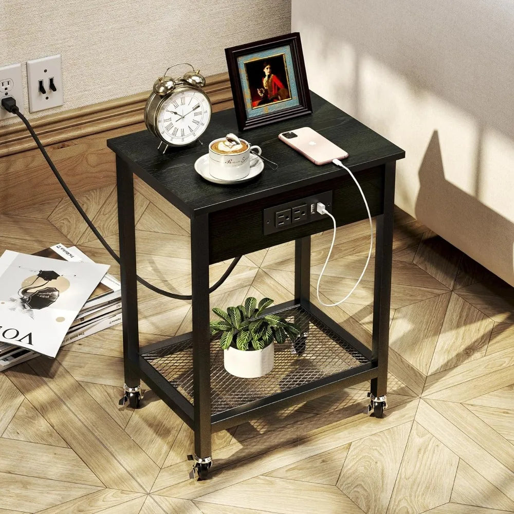 Side Table with Wheels & Storage Shelf