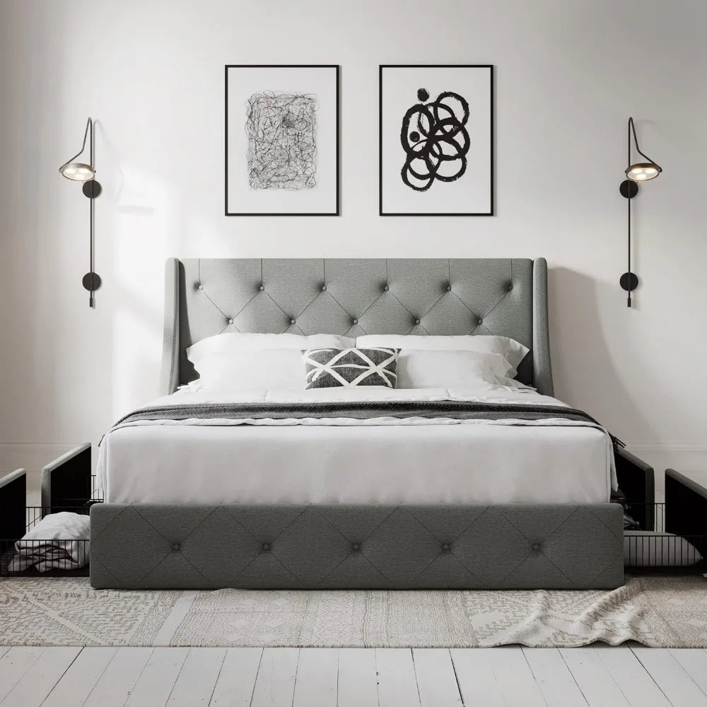 Button-Tufted Queen Bed Frame