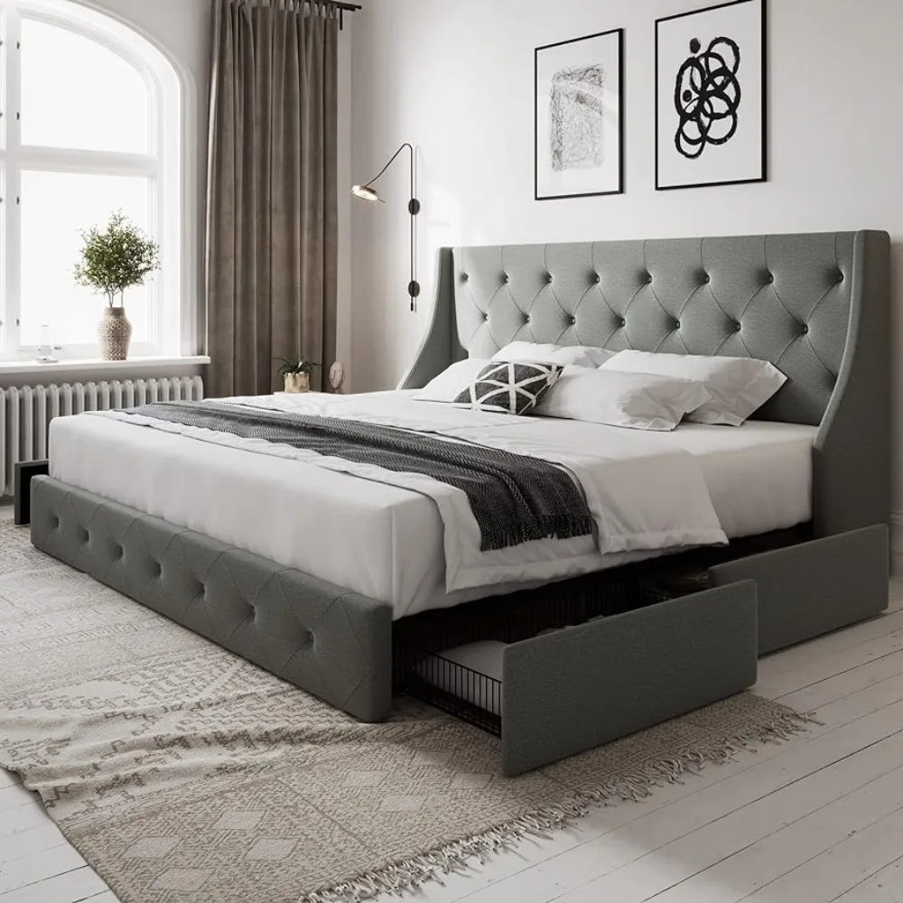 Button-Tufted Queen Bed Frame