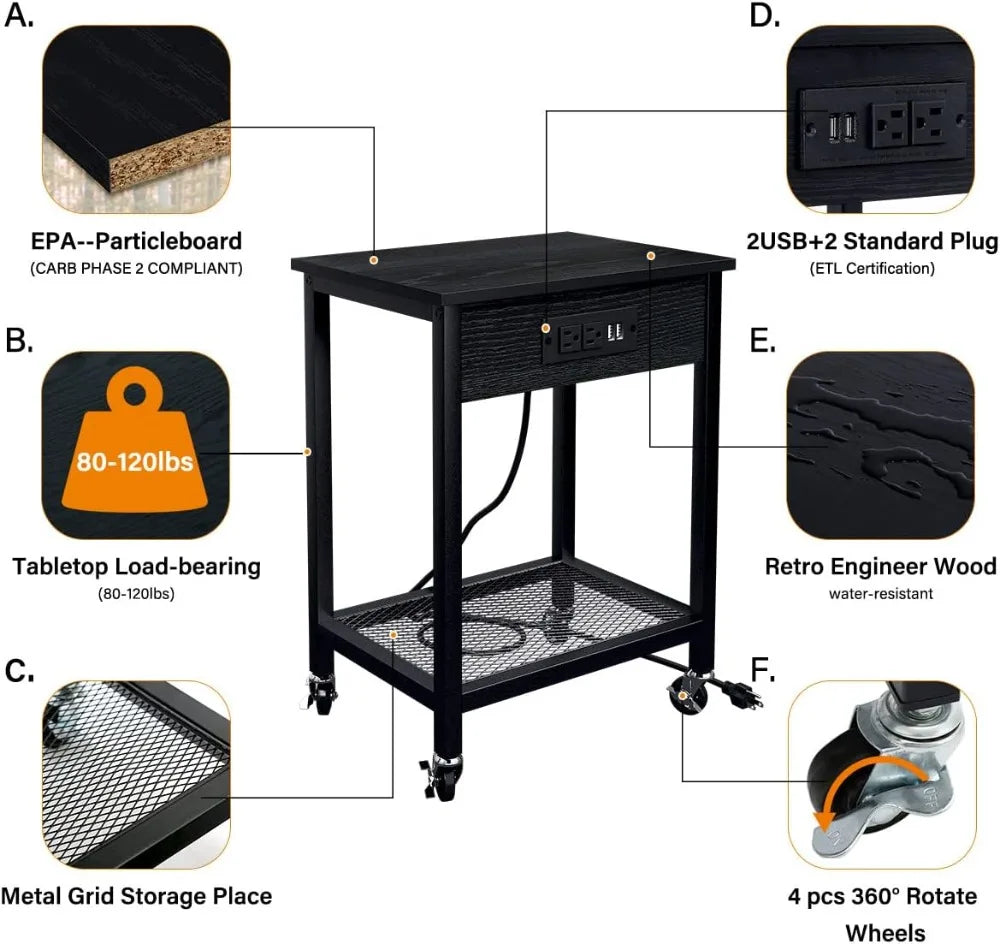 Side Table with Wheels & Storage Shelf