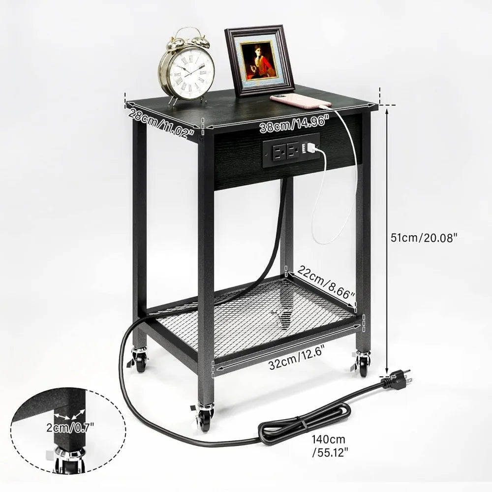 Side Table with Wheels & Storage Shelf