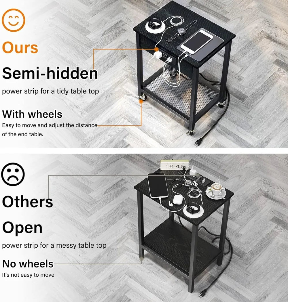 Side Table with Wheels & Storage Shelf